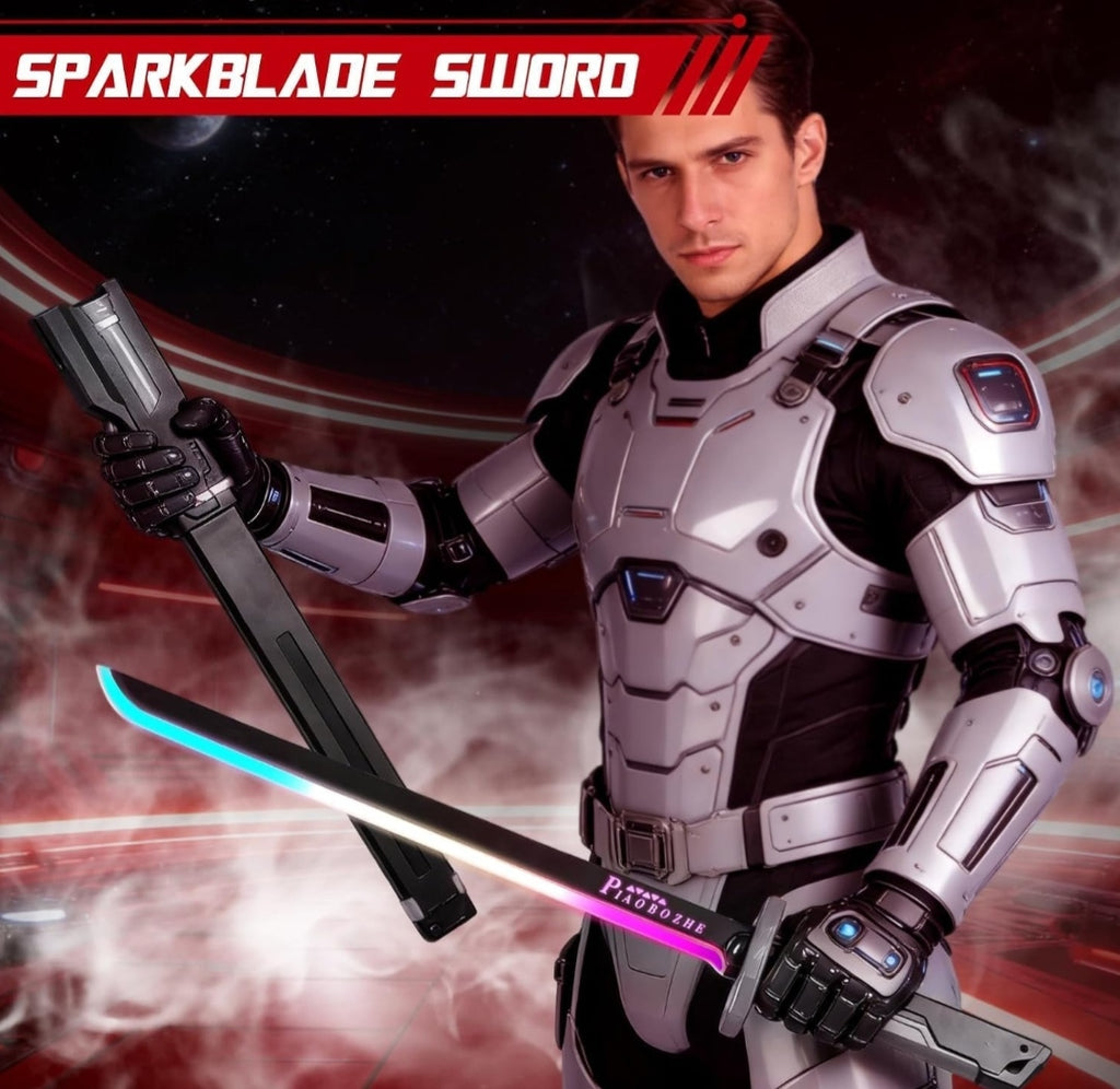 Cyberpunk Spark Sword Toys- 31.5inch 8 Colors RGB LED Light, Mist Spray, Cool Spark, Smart Hit Sound Interaction