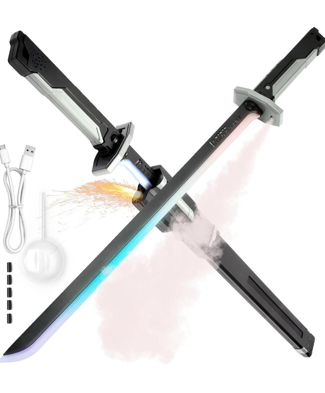 Cyberpunk Spark Sword Toys- 31.5inch 8 Colors RGB LED Light, Mist Spray, Cool Spark, Smart Hit Sound Interaction