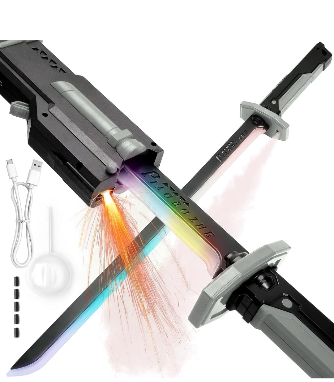 Cyberpunk Spark Sword Toys- 31.5inch 8 Colors RGB LED Light, Mist Spray, Cool Spark, Smart Hit Sound Interaction