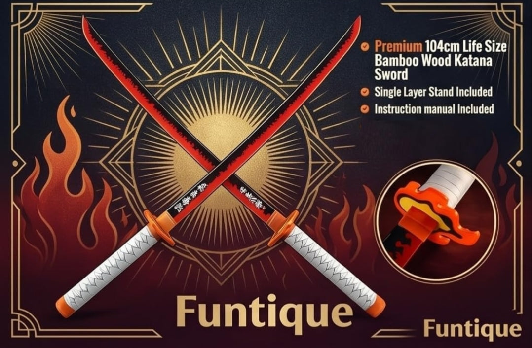 Demon Slayer Rengoku Wooden Katana 104cm Cosplay Sword w/Stand
Rengoku Kyojuro 104cm flame katana with display stand. Durable bamboo & wooden build, lightweight design for cosplay.