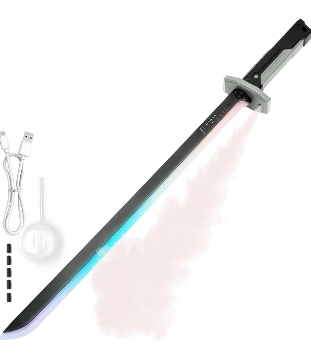Cyberpunk Spark Sword Toys- 31.5inch 8 Colors RGB LED Light, Mist Spray, Cool Spark, Smart Hit Sound Interaction